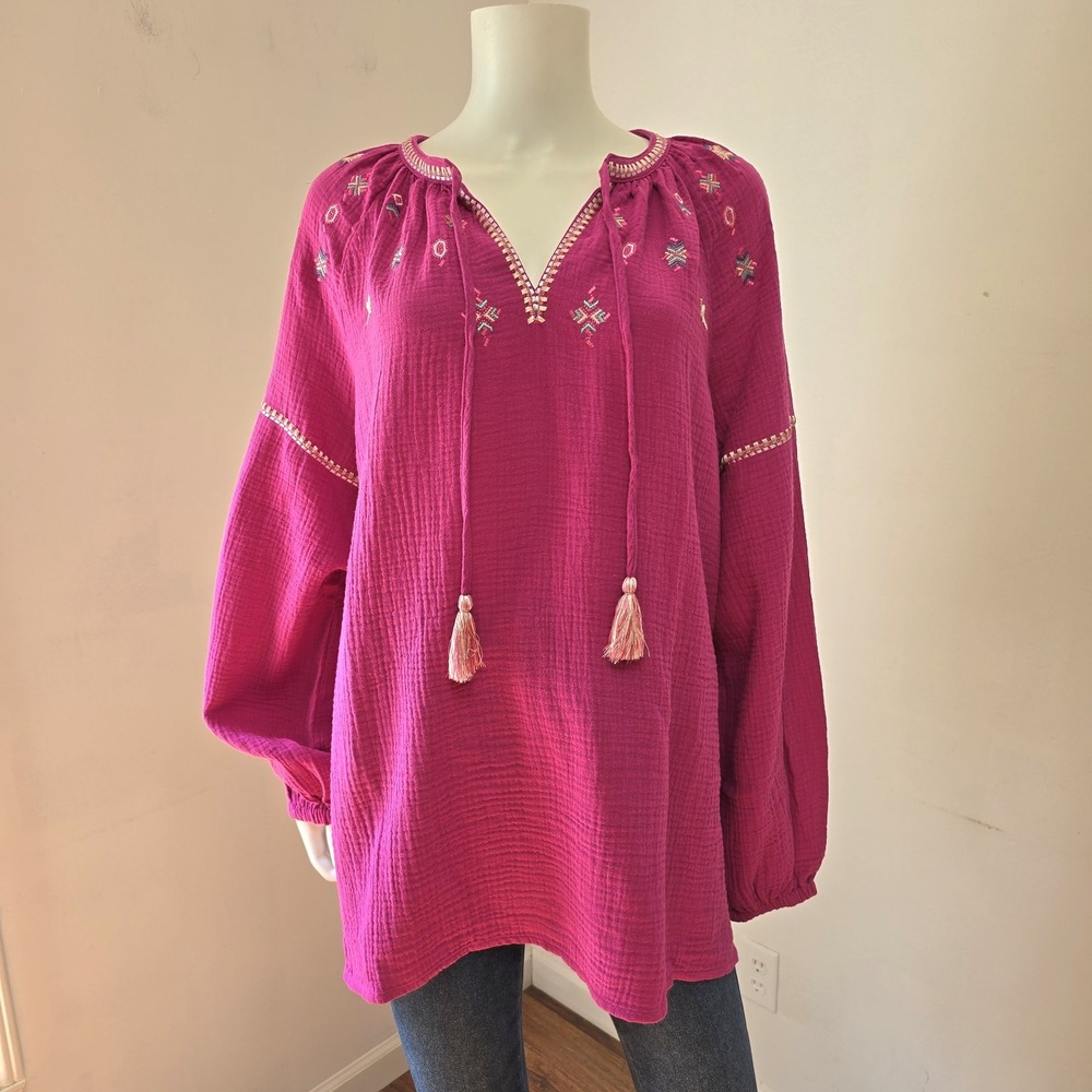 Belle Kim Gravel Summer Sunset Gauze Top Embroidered Tassels Size XL Boho NEW